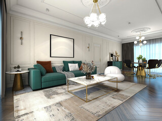 3D rendering, spacious living room design of modern residence, with sofa, tea table, decorative painting, etc