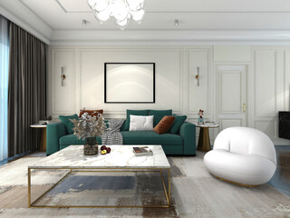3D rendering, spacious living room design of modern residence, with sofa, tea table, decorative painting, etc