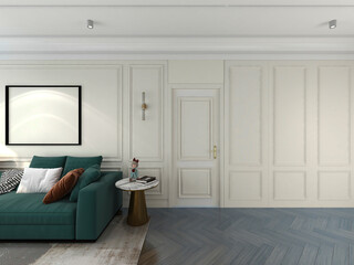 3D rendering, spacious living room design of modern residence, with sofa, tea table, decorative painting, etc