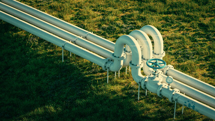 A bird's eye view of a hydrogen gas pipeline located in a meadow. 3d rendering. - obrazy, fototapety, plakaty