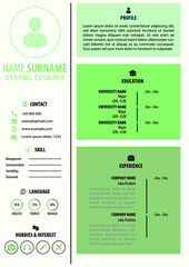 CV / Resume Template. Modern Clean Design. Simple Color Background. Editable Vector. A4 Paper Size. Suitable for Job Application