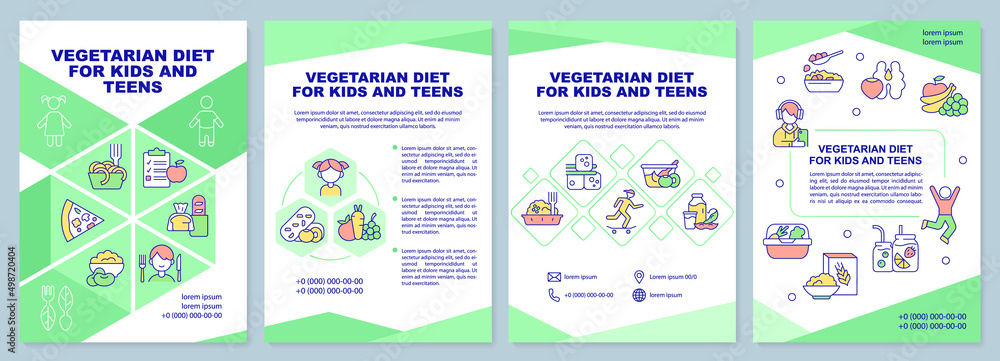 Wall mural vegetarian diet for kids and teens brochure template. leaflet design with linear icons. 4 vector lay - Wall murals
