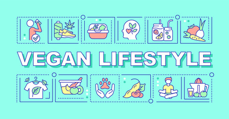Vegan lifestyle word concepts turquoise banner. Plant based nutrition. Infographics with icons on color background. Isolated typography. Vector illustration with text. Arial-Black font used