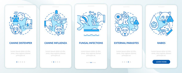 Fototapeta na wymiar Common health concerns for dogs blue onboarding mobile app screen. Walkthrough 5 steps graphic instructions pages with linear concepts. UI, UX, GUI template. Myriad Pro-Bold, Regular fonts used