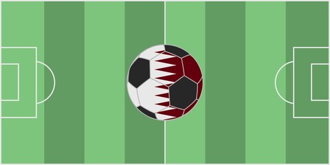 Qatar flag motif soccer ball on soccer field background. Vector illustration