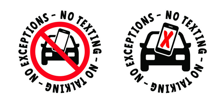 No mobile phones. Drive mobile-free, drive MONO. Vector traffic, road car icon, pictogram. Without distraction from apps or social media posts. No texting, talking or exceptions. Mobile phone symbol