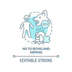 No to biting and nipping turquoise concept icon. Training dog abstract idea thin line illustration. Aggressive behavior. Isolated outline drawing. Editable stroke. Arial, Myriad Pro-Bold fonts used