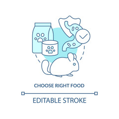 Choose right food turquoise concept icon. Keeping small animals healthy abstract idea thin line illustration. Isolated outline drawing. Editable stroke. Arial, Myriad Pro-Bold fonts used