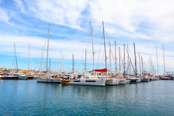 Fototapeta na wymiar Luxury Yacht harbour in Mallorca . Moored yachts in port of Palma de Majorca 