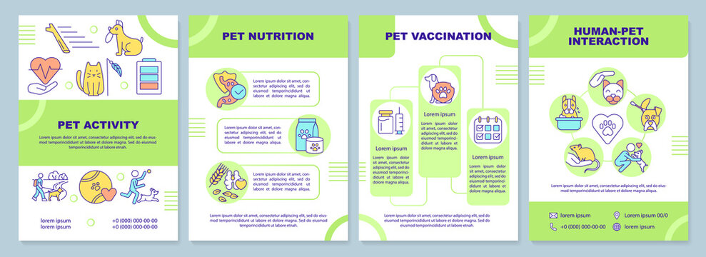 Taking care about pet green brochure template. Activity and nutrition. Leaflet design with linear icons. 4 vector layouts for presentation, annual reports. Arial-Black, Myriad Pro-Regular fonts used
