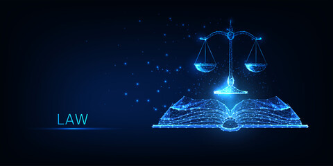 Futuristic justice, law education concept with glowing low polygonal open book and scales - obrazy, fototapety, plakaty