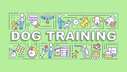 Dog training word concepts green banner. Professional pet trainer. Infographics with icons on color background. Isolated typography. Vector illustration with text. Arial-Black font used