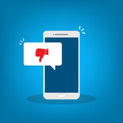 Smartphone with dislike message, dislike button. Thumbs down icon. Social networking, social media usage on mobile device. Flat design vector illustration	