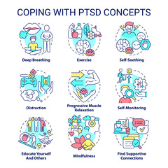 Coping with PTSD concept icons set. Mental health. Psychotherapy service idea thin line color illustrations. Isolated symbols. Editable stroke. Roboto-Medium, Myriad Pro-Bold fonts used