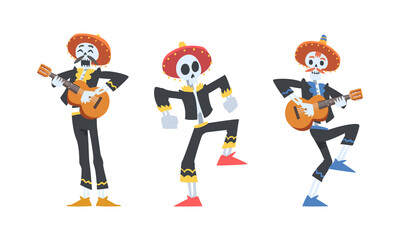 Mexican men wearing skeleton suits dancing and playing music at Day of the Dead cartoon cartoon vector illustration