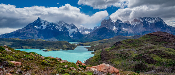 Cuernos del Paine, Lago Pehoe, Torres del Paine National Park in Chilean Patagonia, Chile