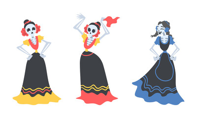 Mexican women skull dancers wearing traditional dress set. Mexican skeleton party at Day of the Dead cartoon cartoon vector illustration