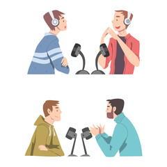 People in headphones talking in studio with microphones, podcast concept. Radio host interviewing guest cartoon vector illustration
