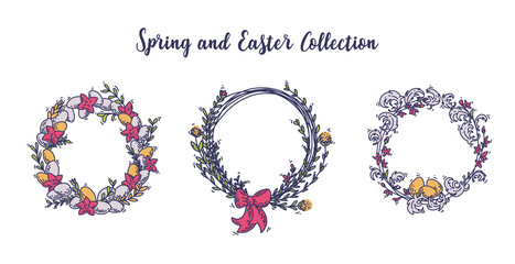 Set of spring Easter wreaths with tree branches, flowers, eggs and feathers in funny cartoony stile and fresh and bright spring colors.