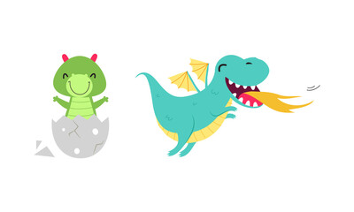 Lovely baby dragons set. Adorable funny little fairytale creatures cartoon vector illustration