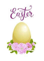 Easter egg with pink flowers. Happy easter lettering