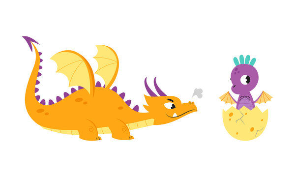Adorable baby dragons set. Cute little fairytale creatures cartoon vector illustration
