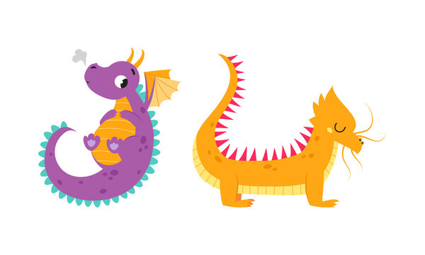 Adorable baby dragons set. Cute little dinosaurs, fairytale creatures cartoon vector illustration