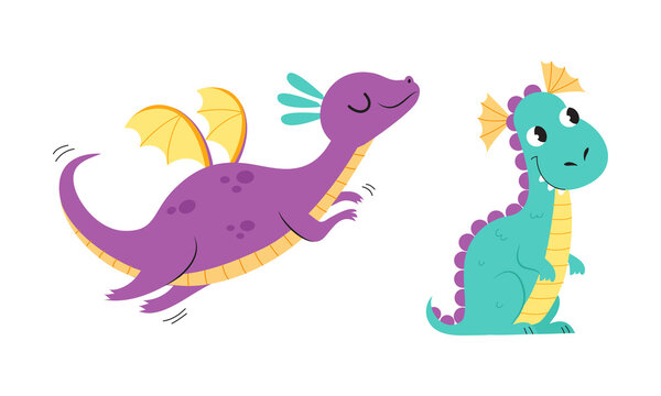 Lovely baby dragons set. Funny little dinosaurs, fairytale creatures cartoon vector illustration