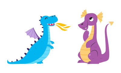 Cute baby dragons set. Funny blue and purple little dinosaurs, fairytale creatures cartoon vector illustration