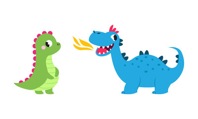 Cute baby dragons set. Funny bright green and blue little dinosaurs, fairytale creatures cartoon vector illustration