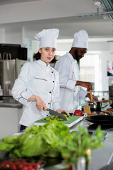 Multiracial food industry workers standing in restaurant professional kitchen while cooking tasty dish. Confident head chef cutting fresh vegetables for garnish while smiling at camera.