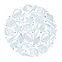Seashells round template vector illustration. Shells hand engraved in circle background. Sketch shellfish banner for design