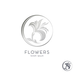 Silver flower, graceful Lily in a circle, emblem, logo. Template for beauty Studio, jewelry store, cosmetics, women's clothing, boutique. Isolated vector illustration