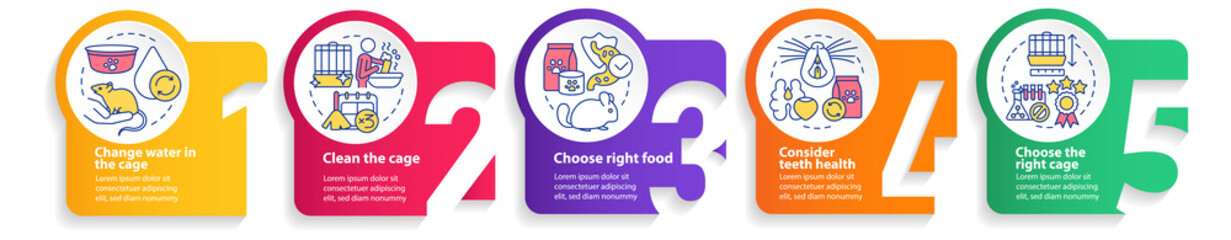 Take care of small mammal pets circle infographic template. Data visualization with 5 steps. Process timeline info chart. Workflow layout with line icons. Myriad Pro-Bold, Regular fonts used