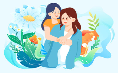 Obraz na płótnie Canvas Mother's day girl hugs her mother with various plants and flowers in the background, vector illustration