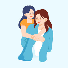 Mother's day girl hugs her mother with various plants and flowers in the background, vector illustration