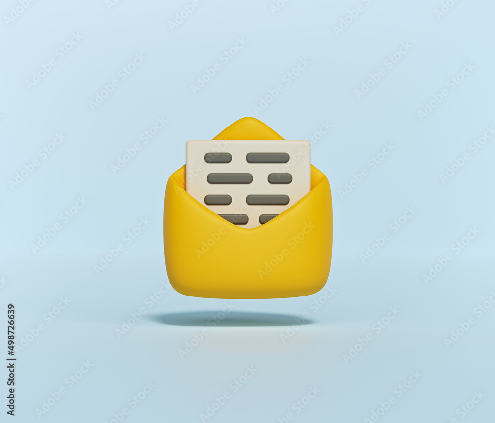 Poster 3d render. minimal cute open mail envelope with paper documents icon isolated on pastel blue backgro