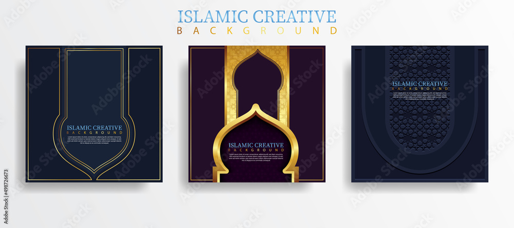 Poster set greeting card islamic background template with design technique made with texture and decorative