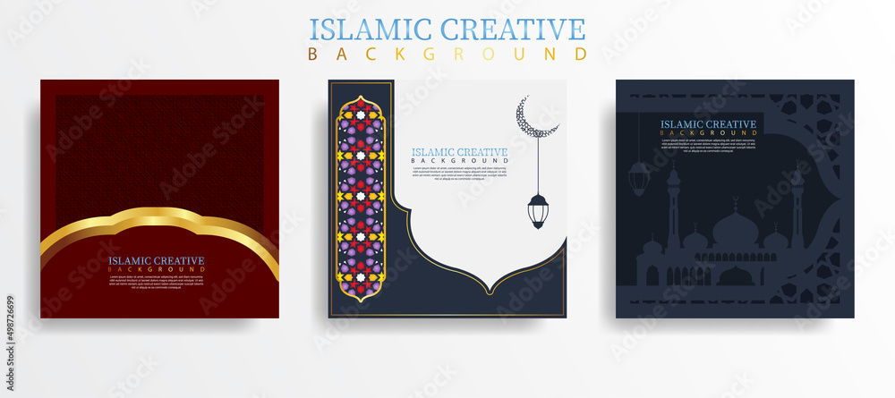Poster set greeting card islamic background template with design technique made with texture and decorative