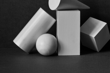 White platonic solids figures geometry. Abstract geometrical objects still life composition....