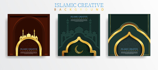Set greeting card islamic background template with design technique made with texture and decorative colorful details of Islamic art ornaments floral mosaic vector illustration. Premium vector