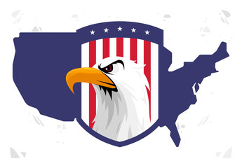 vector illustration of the head of an American eagle with a coat of arms on the background of the silhouette of the USA map