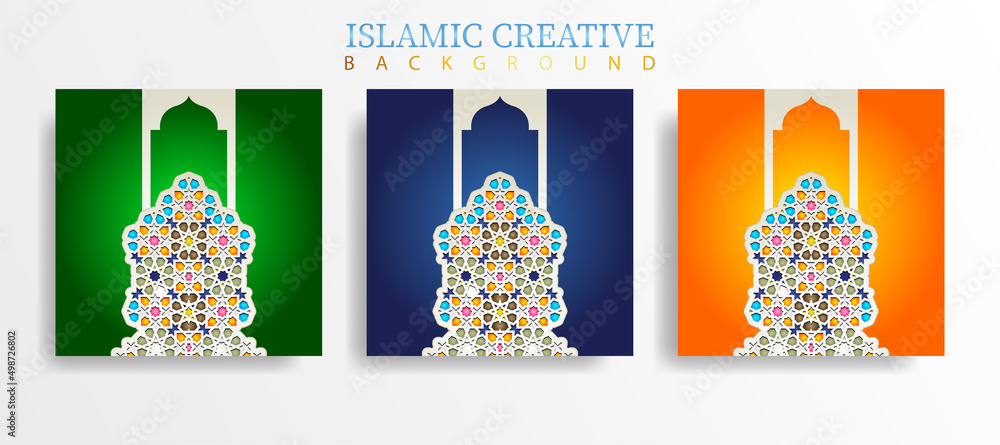 Poster set greeting card islamic background template with design technique made with texture and decorative