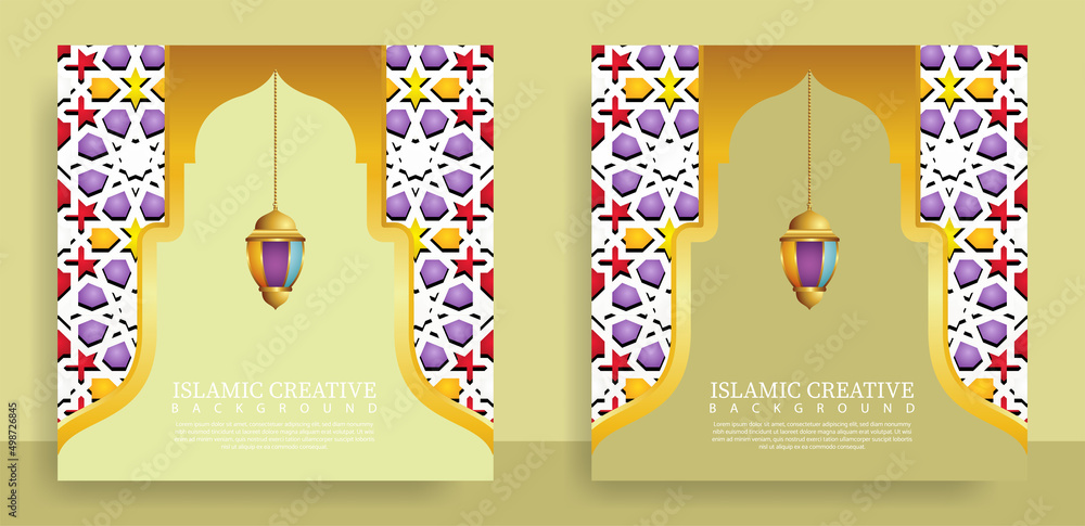 Poster set greeting card islamic background template with design technique made with texture and decorative