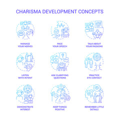 Charisma development blue gradient concept icons set. Communication tactics. Self presentation idea thin line color illustrations. Isolated symbols. Roboto-Medium, Myriad Pro-Bold fonts used