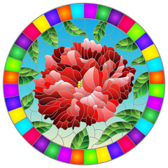 Illustration in stained glass style with a bright pink peony flower on a blue background, oval image in a bright frame