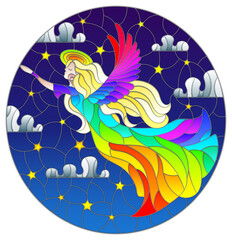 An illustration in the style of a stained glass window with an angel girl in a rainbow dress on the background of a starry night sky