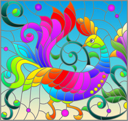 Stained glass illustration with a bright abstract rooster on a background of leaves, flowers and blue sky, rectangular image