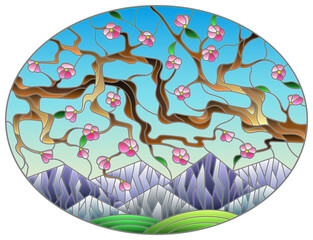 Illustration in the style of a stained glass window with a landscape, sakura branches against the background of mountains and sky