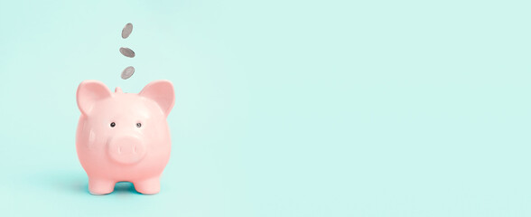 Piggy bank on blue background, budgeting concept